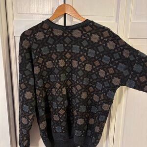 Vintage Men's Geometric Pattern Sweater - Black brown and green